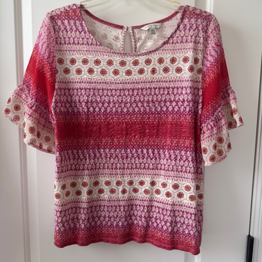 Lucky Brand Shirt Women's Med Cotton Sheer Sleeves Purple Red Stripe Pattern